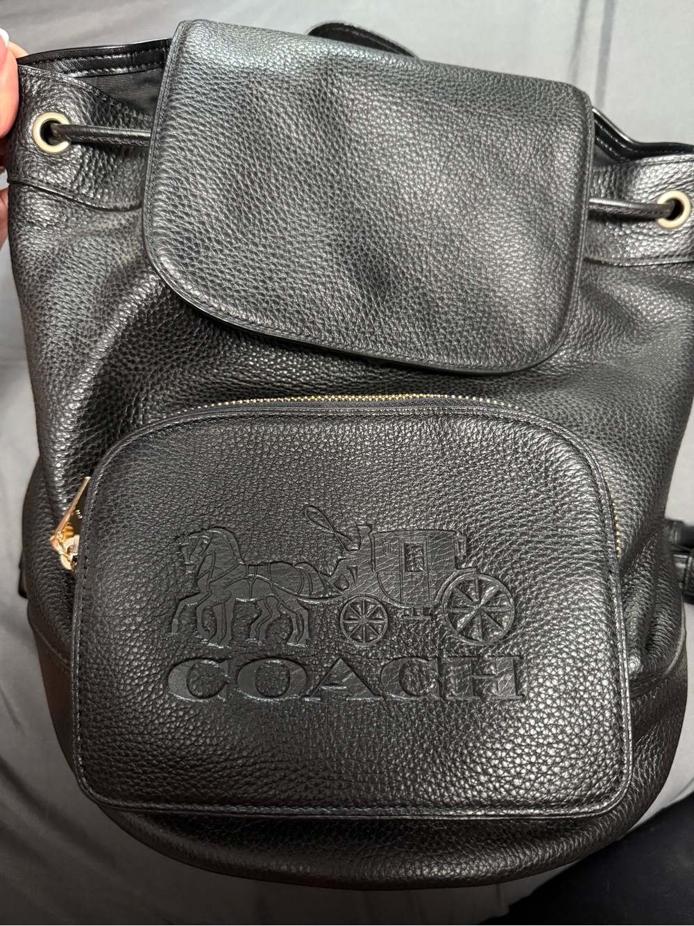 Coach Black Pebbled Leather Drawstring Backpack with Front Pocket